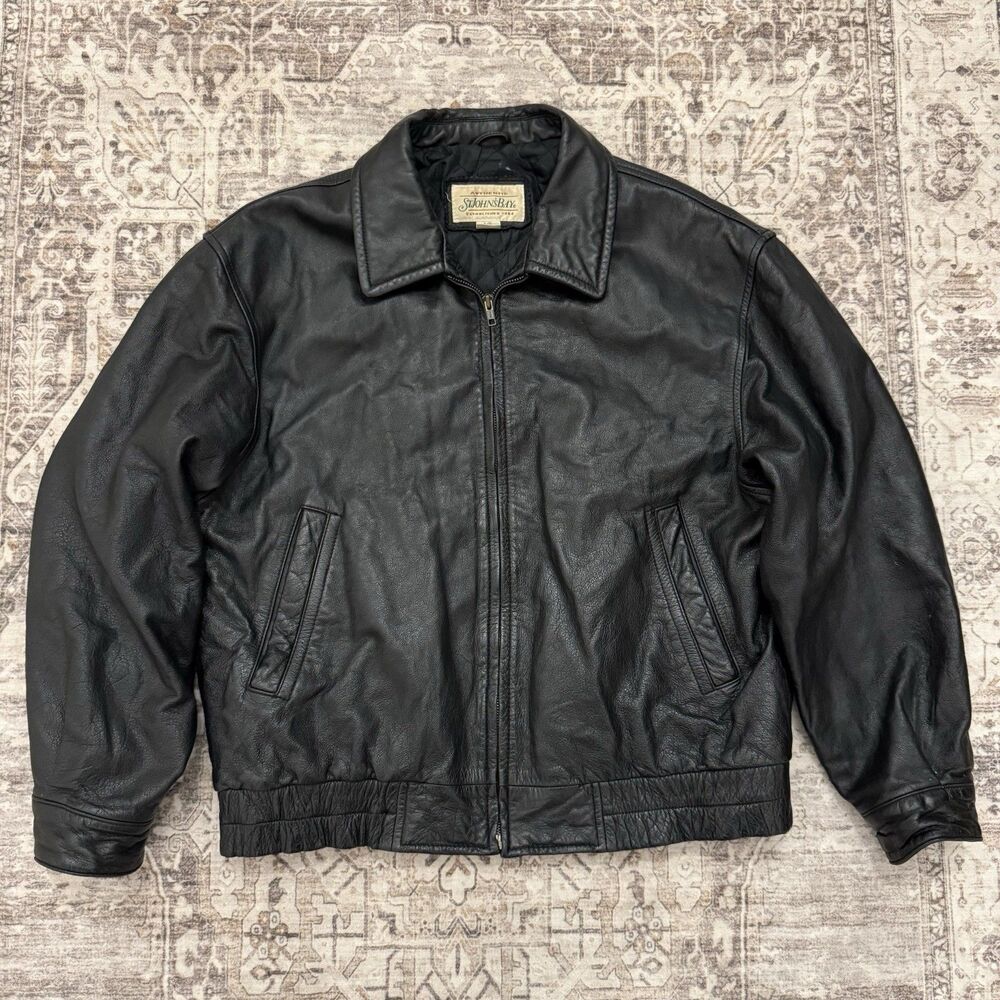 Vintage St Johns Bay Leather Bomber Jacket Mens Large Black Quilted Lined